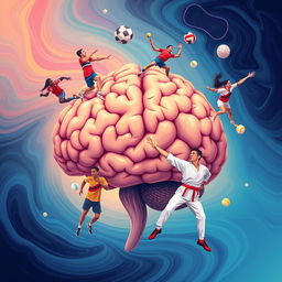 An imaginative illustration of a large, detailed human brain surrounded by diverse athletes representing various sports: a soccer player in action, a volleyball player jumping to spike, a squash player poised to hit, a swimmer diving into water, and a taekwondo practitioner performing a high kick