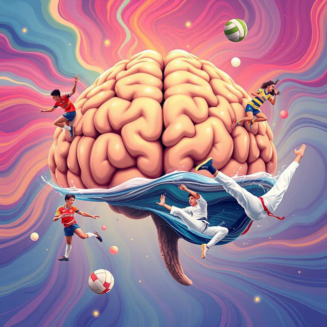 An imaginative illustration of a large, detailed human brain surrounded by diverse athletes representing various sports: a soccer player in action, a volleyball player jumping to spike, a squash player poised to hit, a swimmer diving into water, and a taekwondo practitioner performing a high kick