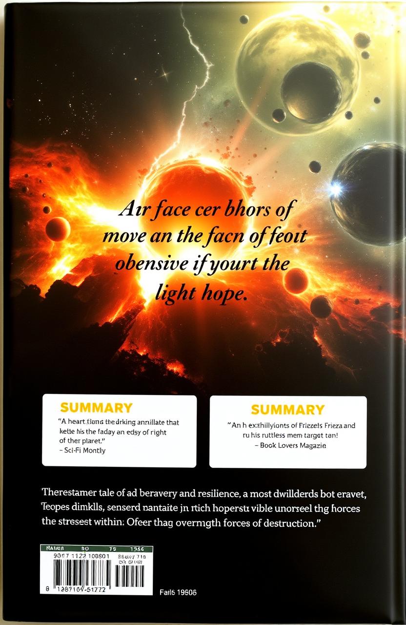 A captivating book back cover design featuring a striking cosmic backdrop with hints of destruction and chaos