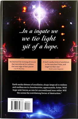 A captivating book back cover design featuring a striking cosmic backdrop with hints of destruction and chaos