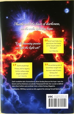 A captivating book back cover design featuring a striking cosmic backdrop with hints of destruction and chaos