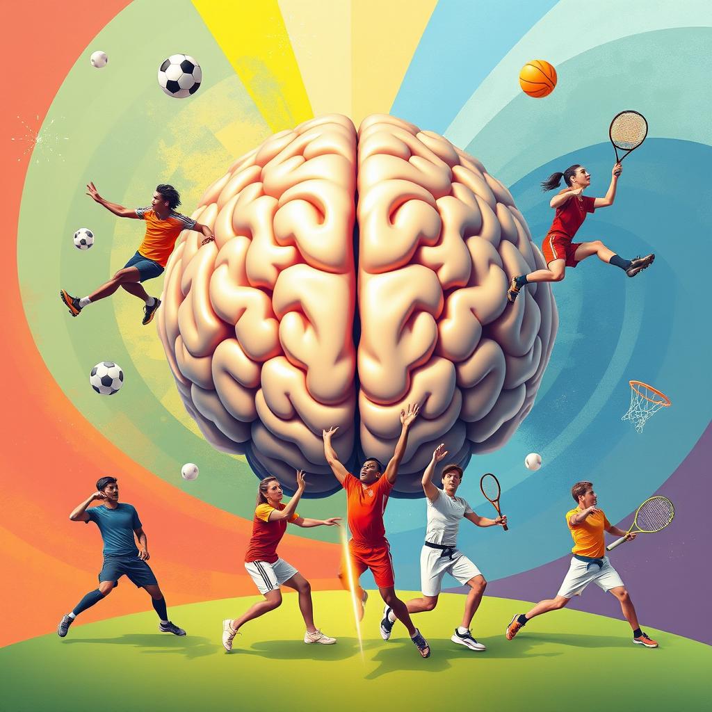 A visually striking illustration of a large, detailed human brain at the center, surrounded by a diverse array of athletes representing different sports: a soccer player skillfully dribbling, a volleyball player leaping to spike, a squash player getting ready to hit the ball, a taekwondo practitioner executing a high kick, a basketball player making a slam dunk, and a tennis player serving