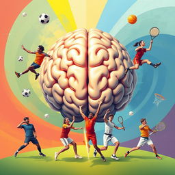 A visually striking illustration of a large, detailed human brain at the center, surrounded by a diverse array of athletes representing different sports: a soccer player skillfully dribbling, a volleyball player leaping to spike, a squash player getting ready to hit the ball, a taekwondo practitioner executing a high kick, a basketball player making a slam dunk, and a tennis player serving