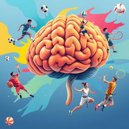 A visually striking illustration of a large, detailed human brain at the center, surrounded by a diverse array of athletes representing different sports: a soccer player skillfully dribbling, a volleyball player leaping to spike, a squash player getting ready to hit the ball, a taekwondo practitioner executing a high kick, a basketball player making a slam dunk, and a tennis player serving