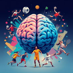 A visually striking illustration of a large, detailed human brain at the center, surrounded by a diverse array of athletes representing different sports: a soccer player skillfully dribbling, a volleyball player leaping to spike, a squash player getting ready to hit the ball, a taekwondo practitioner executing a high kick, a basketball player making a slam dunk, and a tennis player serving