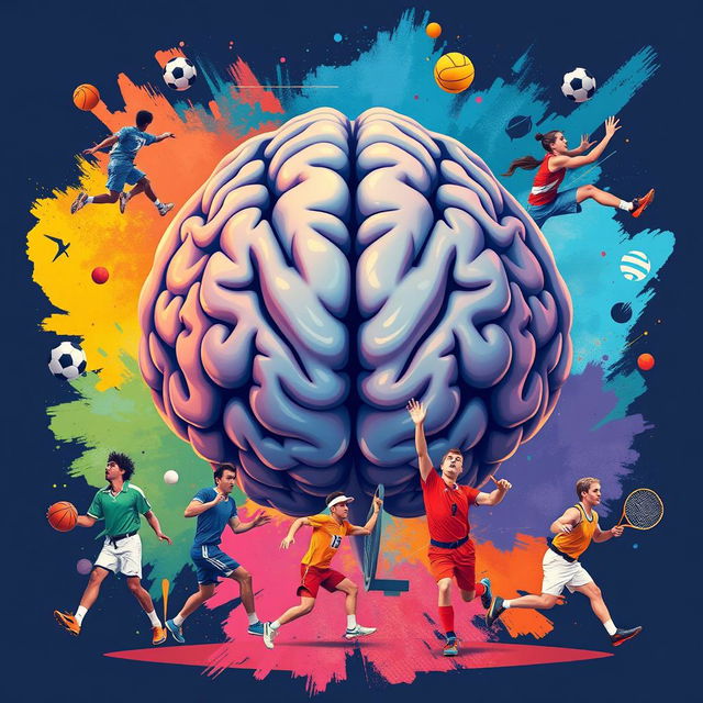 A visually striking illustration of a large, detailed human brain at the center, surrounded by a diverse array of athletes representing different sports: a soccer player skillfully dribbling, a volleyball player leaping to spike, a squash player getting ready to hit the ball, a taekwondo practitioner executing a high kick, a basketball player making a slam dunk, and a tennis player serving