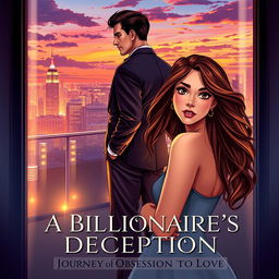 A captivating book cover illustration titled 'A Billionaire's Deception: A Journey from Obsession to Love'