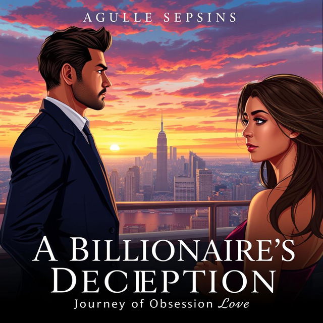 A captivating book cover illustration titled 'A Billionaire's Deception: A Journey from Obsession to Love'