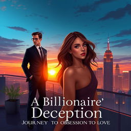 A captivating book cover illustration titled 'A Billionaire's Deception: A Journey from Obsession to Love'