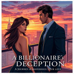 A captivating book cover illustration titled 'A Billionaire's Deception: A Journey from Obsession to Love'