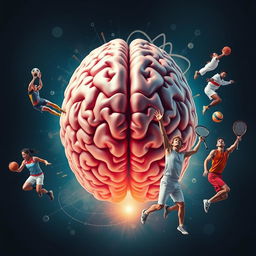 A realistic portrayal of a large, detailed human brain at the center of the image, surrounded by athletes from various sports, illustrating the psychological connections through sports