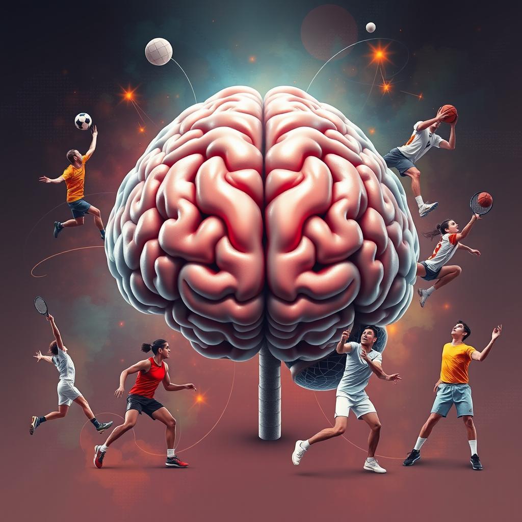 A realistic portrayal of a large, detailed human brain at the center of the image, surrounded by athletes from various sports, illustrating the psychological connections through sports