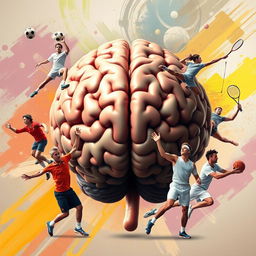 A realistic portrayal of a large, detailed human brain at the center of the image, surrounded by athletes from various sports, illustrating the psychological connections through sports