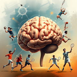 A realistic portrayal of a large, detailed human brain at the center of the image, surrounded by athletes from various sports, illustrating the psychological connections through sports