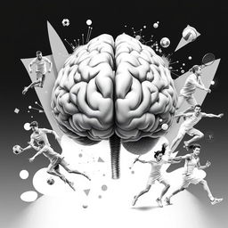 A realistic black and white illustration of a detailed human brain at the center, surrounded by athletes from various sports highlighting the connection between psychology and sports performance