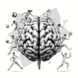 A realistic black and white illustration of a detailed human brain at the center, surrounded by athletes from various sports highlighting the connection between psychology and sports performance