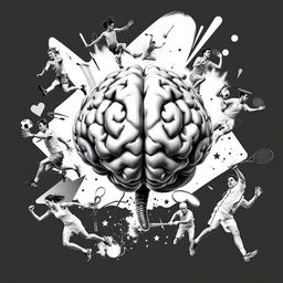 A realistic black and white illustration of a detailed human brain at the center, surrounded by athletes from various sports highlighting the connection between psychology and sports performance