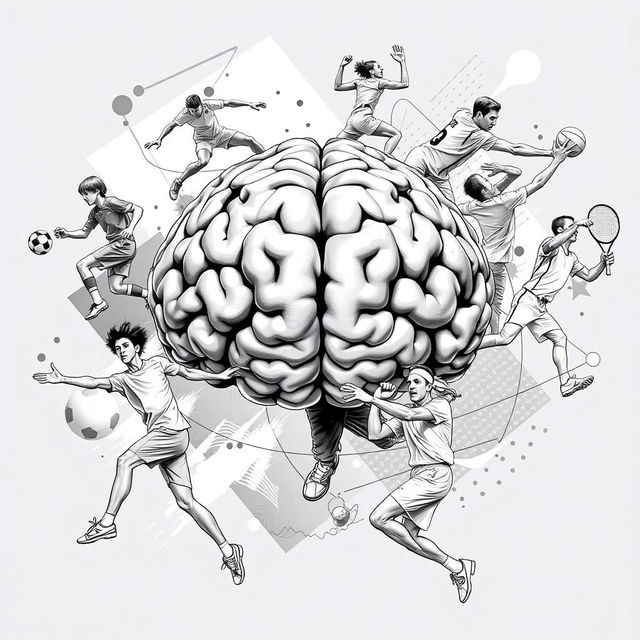 A realistic black and white illustration of a detailed human brain at the center, surrounded by athletes from various sports highlighting the connection between psychology and sports performance