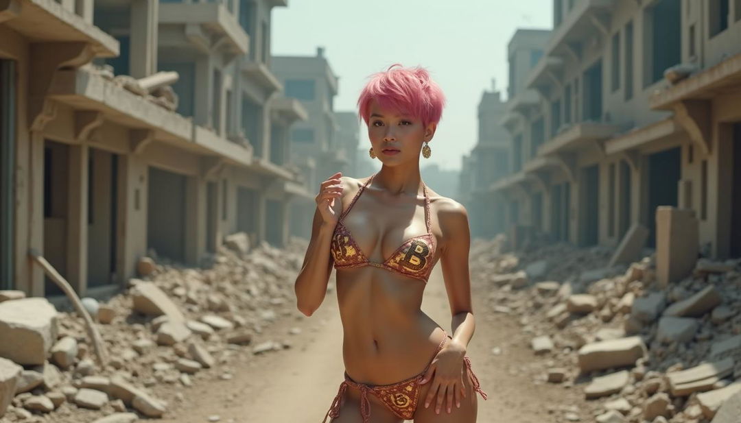 A realistic long shot of an 18-year-old beautiful Asian girl with striking pixie pink hair, confidently showcasing her busty figure