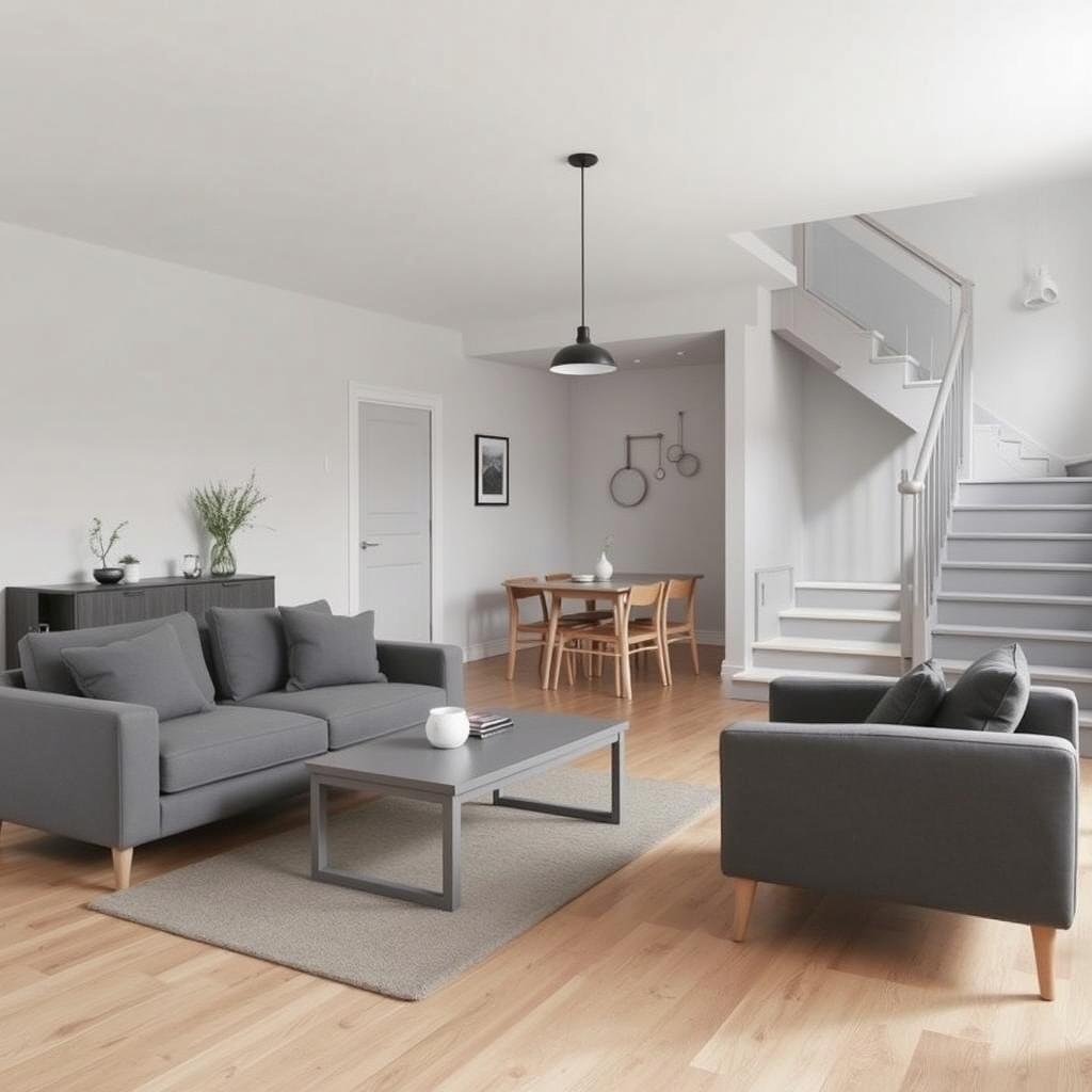 A stylish and contemporary living room featuring gray furniture, including a sofa and armchairs, arranged on a light wood floor