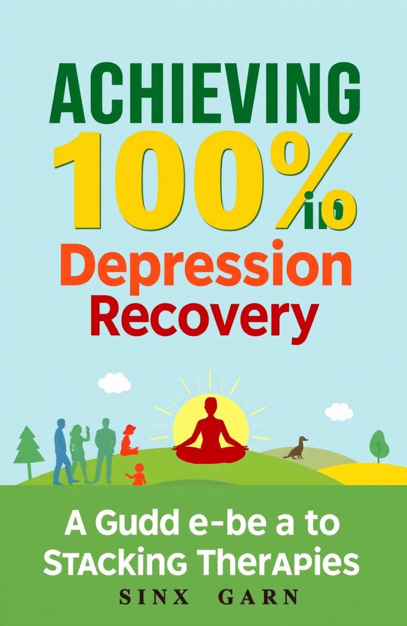 An informative and visually appealing cover for a self-help book titled 'Achieving 100% in Depression Recovery: A Guide to Stacking Therapies'