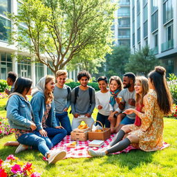 A vibrant and dynamic scene showcasing a diverse group of 10 university students from different backgrounds forming unexpected friendships