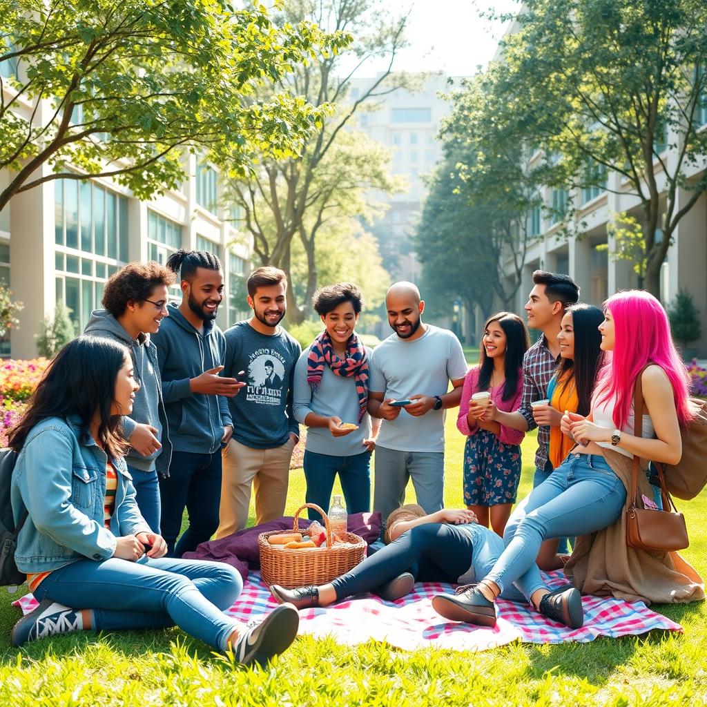 A vibrant and dynamic scene showcasing a diverse group of 10 university students from different backgrounds forming unexpected friendships