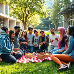 A vibrant and dynamic scene showcasing a diverse group of 10 university students from different backgrounds forming unexpected friendships