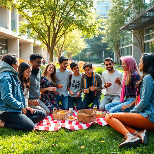 A vibrant and dynamic scene showcasing a diverse group of 10 university students from different backgrounds forming unexpected friendships