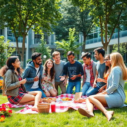 A vibrant and dynamic scene showcasing a diverse group of 10 university students from different backgrounds forming unexpected friendships