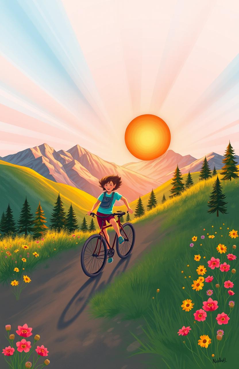 A vibrant drawing of a person riding a bicycle uphill during a sunset in the mountains