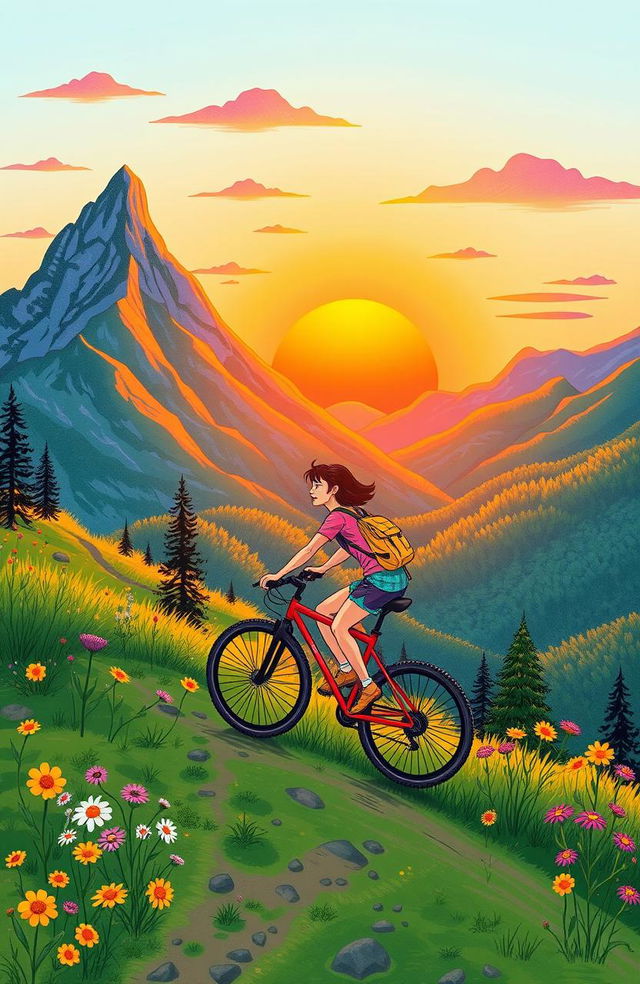 A vibrant drawing of a person riding a bicycle uphill during a sunset in the mountains