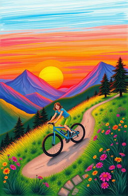 A vibrant drawing of a person riding a bicycle uphill during a sunset in the mountains