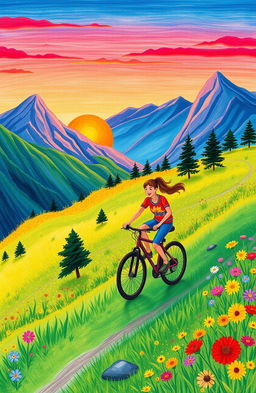 A vibrant drawing of a person riding a bicycle uphill during a sunset in the mountains