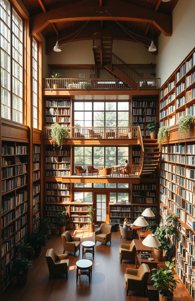 A spacious library with a second floor, covering an area of 100 square meters, featuring large, tall bookshelves filled with books of various genres