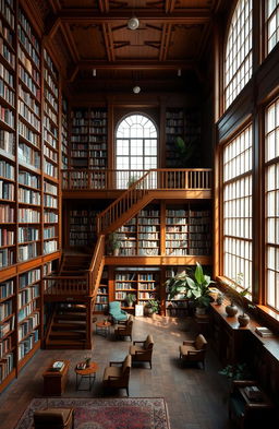 A spacious library with a second floor, covering an area of 100 square meters, featuring large, tall bookshelves filled with books of various genres