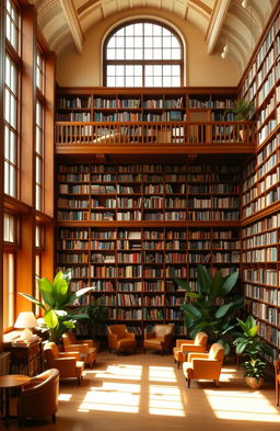 A spacious library with a second floor, covering an area of 100 square meters, featuring large, tall bookshelves filled with books of various genres