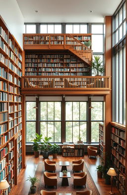 A spacious library with a second floor, covering an area of 100 square meters, featuring large, tall bookshelves filled with books of various genres
