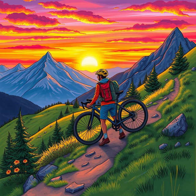 A lively drawing of a person backpacking with a bicycle up a hill during a sunset in the mountains