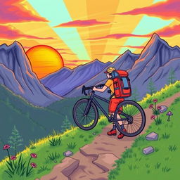 A lively drawing of a person backpacking with a bicycle up a hill during a sunset in the mountains