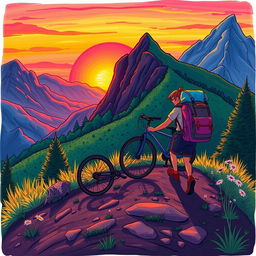 A lively drawing of a person backpacking with a bicycle up a hill during a sunset in the mountains