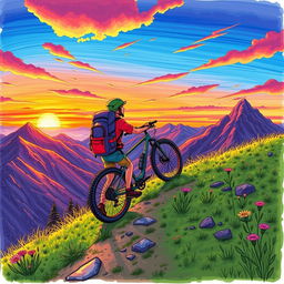 A lively drawing of a person backpacking with a bicycle up a hill during a sunset in the mountains