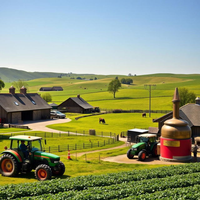 A serene British farmyard showcasing a picturesque landscape, featuring rustic farm buildings and large, vibrant barns