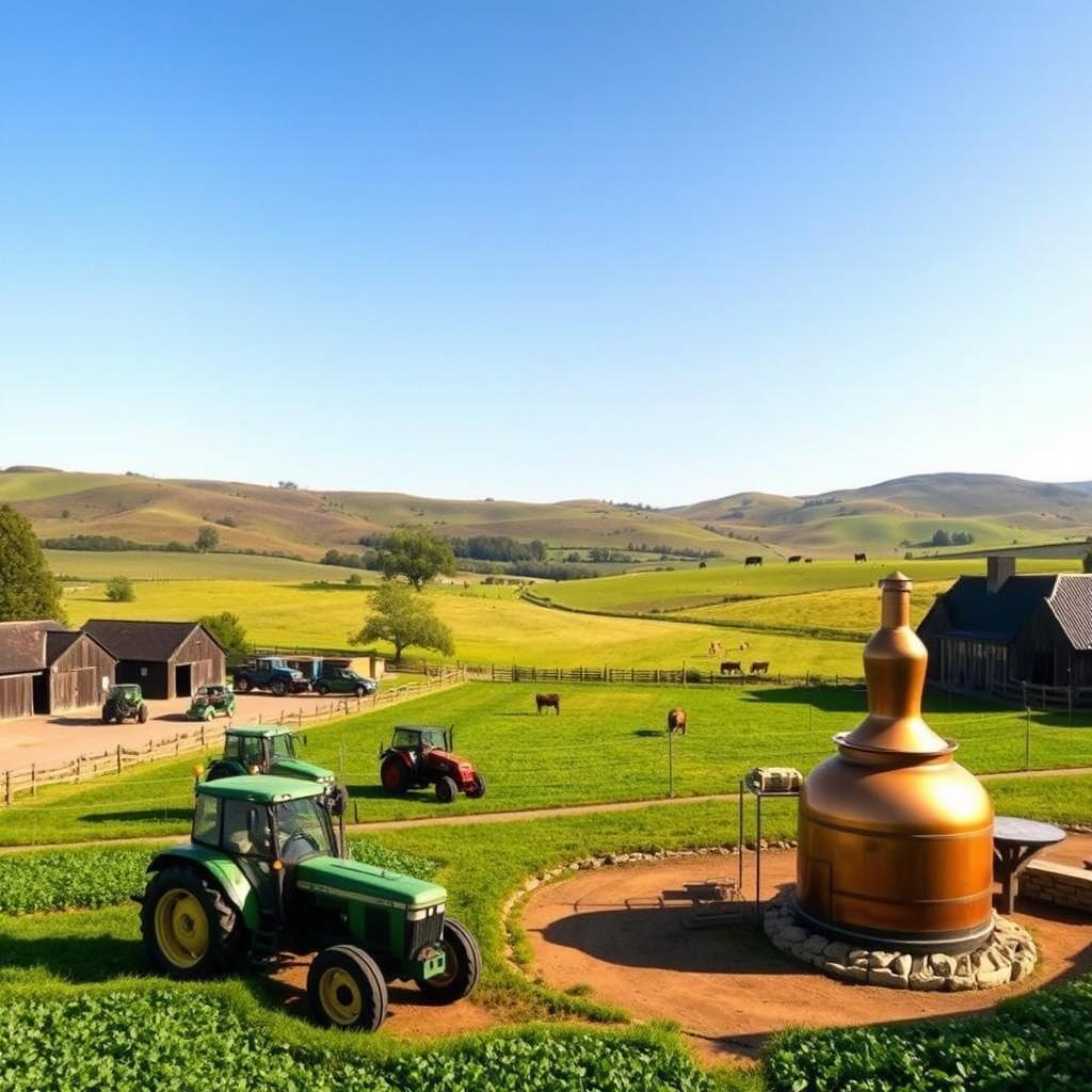 A serene British farmyard showcasing a picturesque landscape, featuring rustic farm buildings and large, vibrant barns