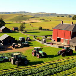 A serene British farmyard showcasing a picturesque landscape, featuring rustic farm buildings and large, vibrant barns