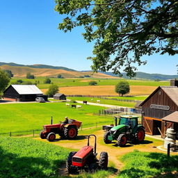 A serene British farmyard showcasing a picturesque landscape, featuring rustic farm buildings and large, vibrant barns