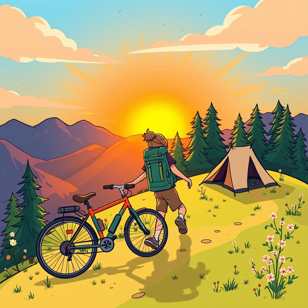 A cheerful cartoon-style drawing of a person backpacking with a bicycle uphill at sunrise in the mountains