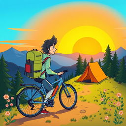 A cheerful cartoon-style drawing of a person backpacking with a bicycle uphill at sunrise in the mountains