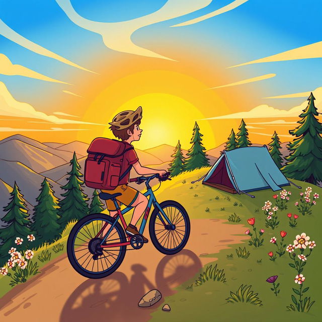 A cheerful cartoon-style drawing of a person backpacking with a bicycle uphill at sunrise in the mountains