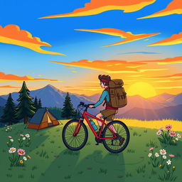 A cheerful cartoon-style drawing of a person backpacking with a bicycle uphill at sunrise in the mountains